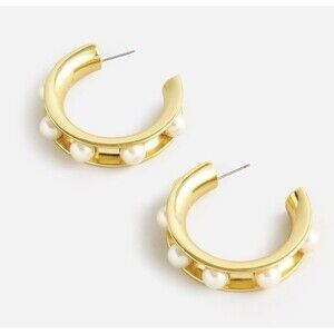 J Crew Gold Tone Faux Pearl Studded Hoop Earrings New